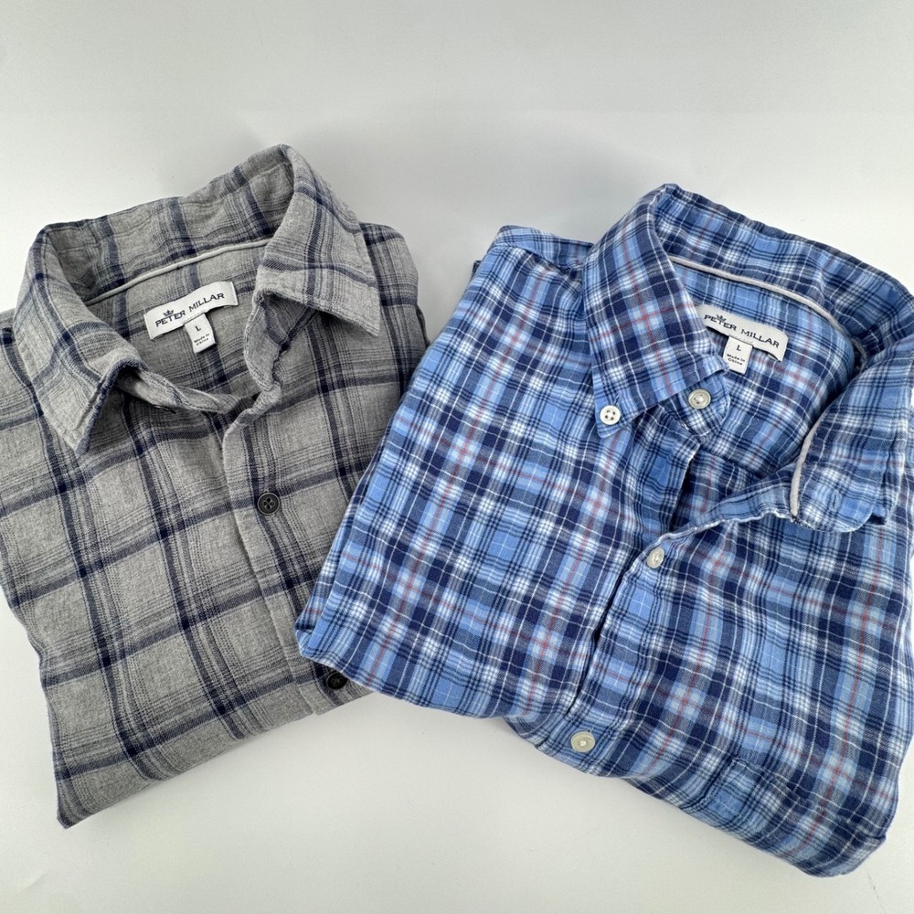 Peter Millar Button Front Shirt Lot of 2 Mens Large Plaid Blue Gray Long Sleeve